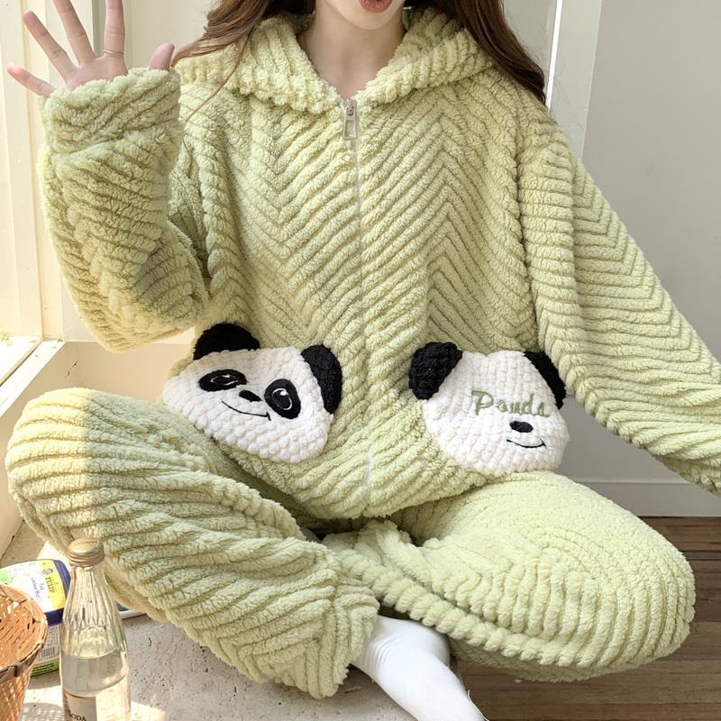 2023年新款珊瑚絨睡衣女秋冬季加厚連帽拉鏈款卡通少女家居服套裝