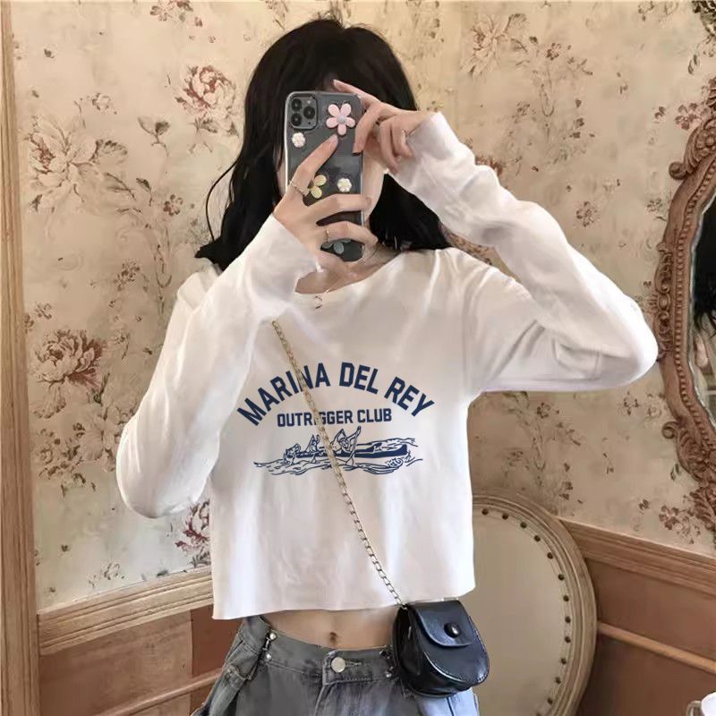 Printed T-shirt women's long-sleeved spring and autumn 2023 short round neck loose T-shirt retro top with bottoming shirt