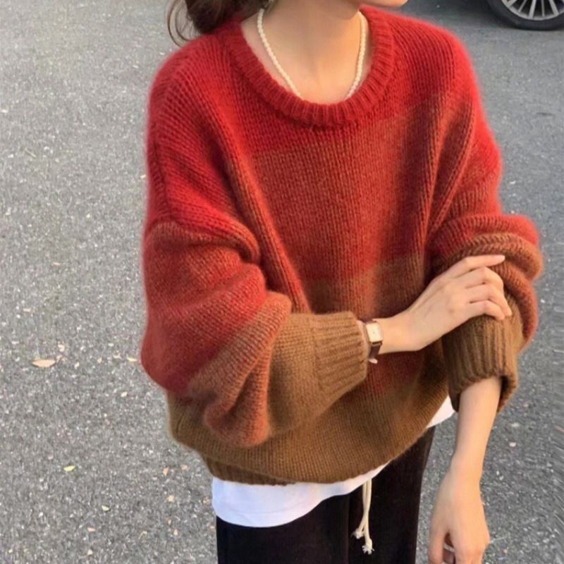 韓系秋冬新款漸變色拼色圓領套頭粗針毛衣針織衫女寬鬆慵懶風外穿