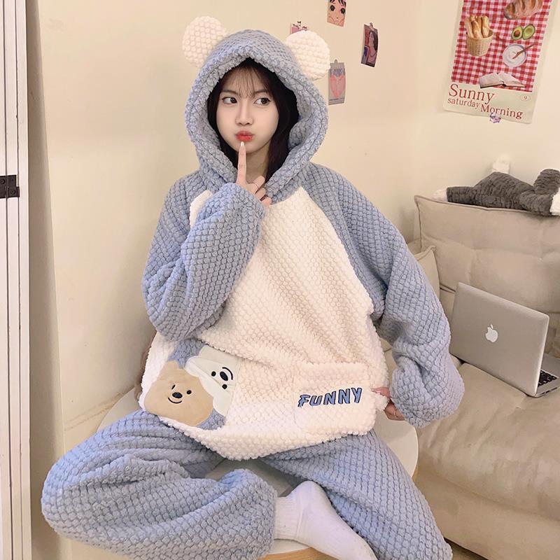 2023新款女毛絨睡衣大碼秋冬季天法蘭絨珊瑚絨加絨加厚套裝家居服