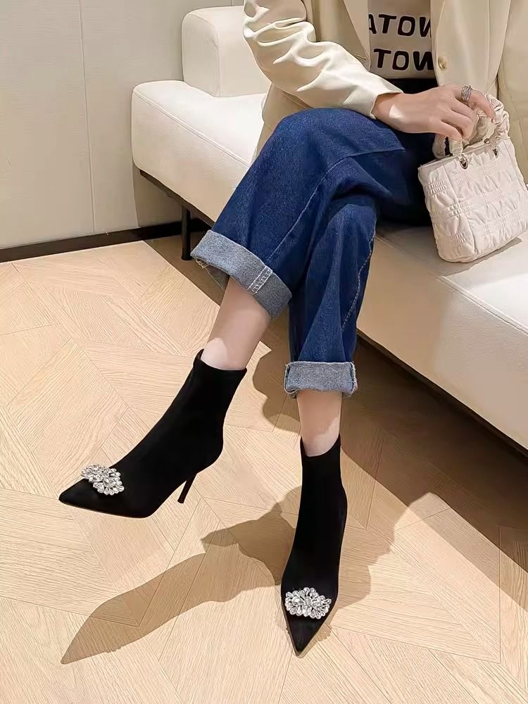  Autumn and Winter New Rhinestone Pointed Toe Stiletto Heel Short Boots Women's Medium Heel Stretch Boots Knitted Slim Sock Boots Single Boots Women