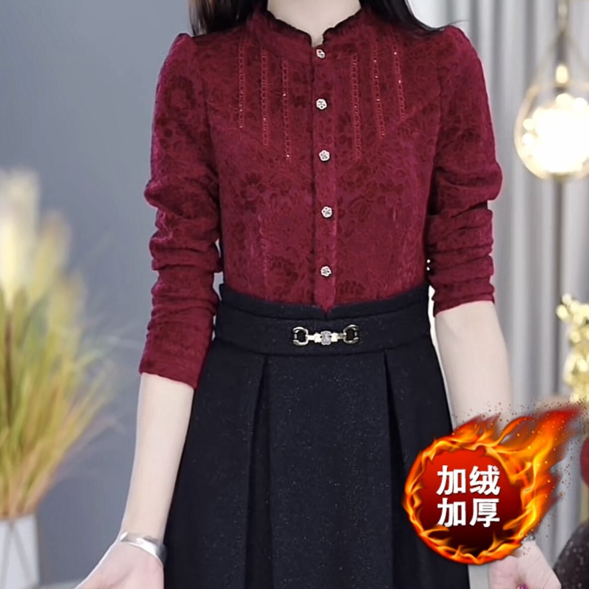 加絨加厚高檔絲絨浮雕提花連衣裙2023新款秋冬女氣質假兩件套裙子