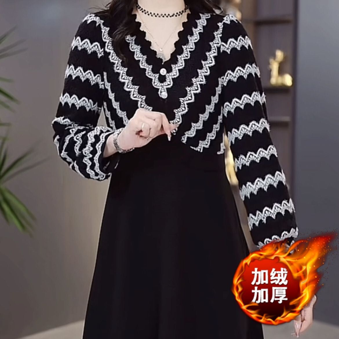加絨加厚水溶蕾絲秋冬連衣裙2023新款女裝高檔華夫格假兩件套裙子