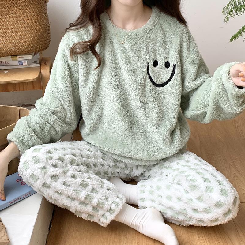 珊瑚絨睡衣女秋冬季加絨加厚2023年新款簡約套頭小清新家居服套裝