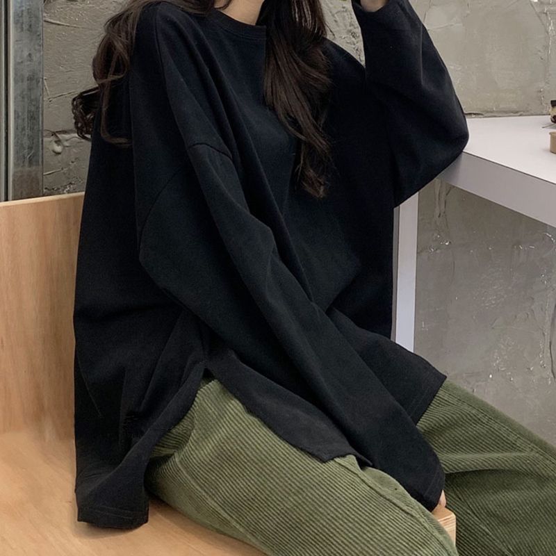 早秋2023新款寬鬆白色長袖T恤女韓版開叉簡約內搭打底衫上衣百搭
