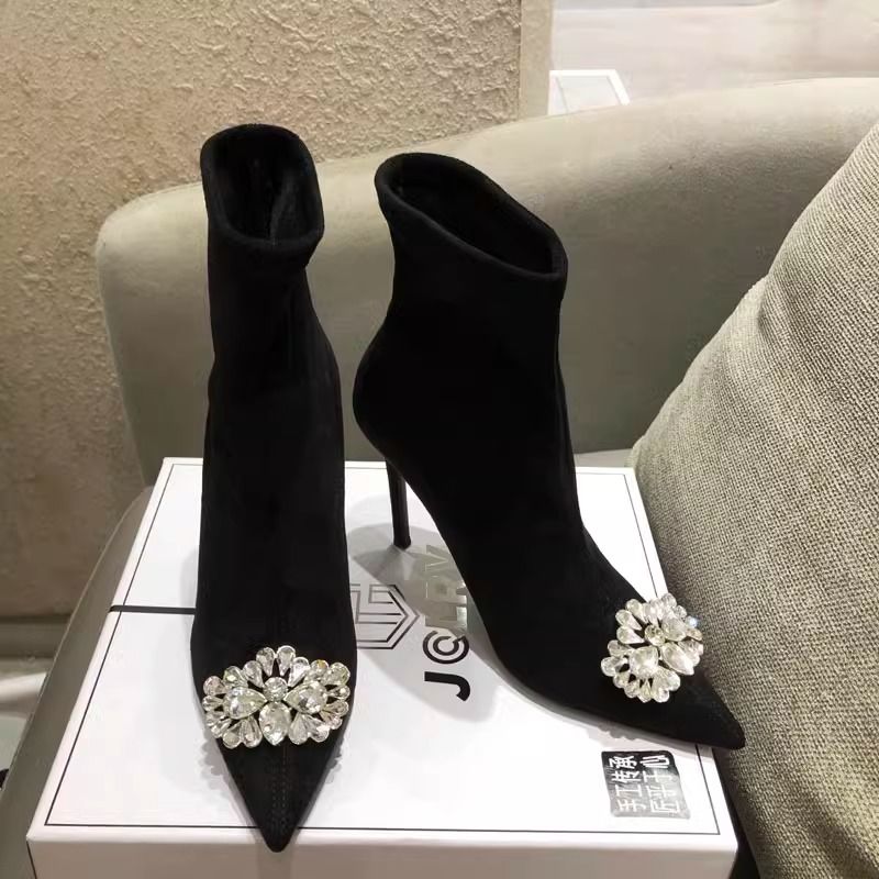  Autumn and Winter New Rhinestone Pointed Toe Stiletto Heel Short Boots Women's Medium Heel Stretch Boots Knitted Slim Sock Boots Single Boots Women