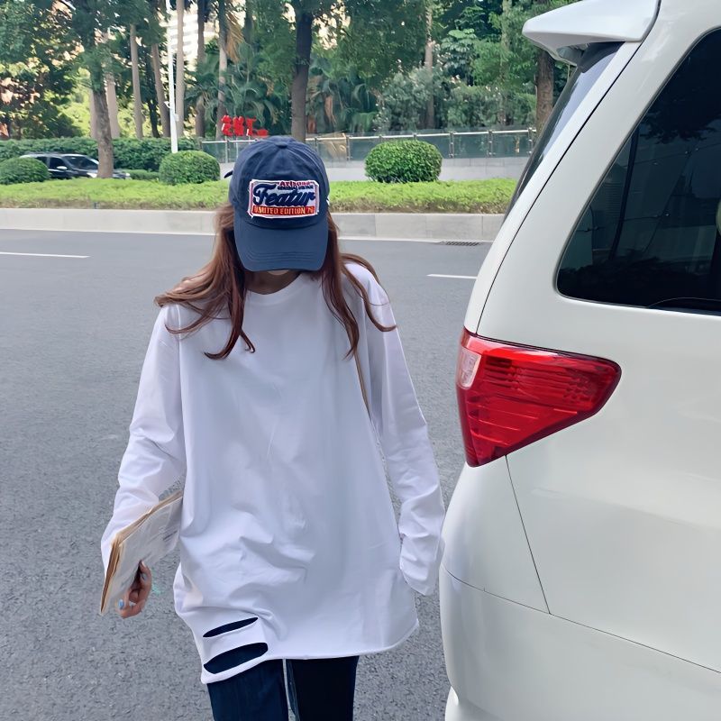 春夏季韓版百搭寬鬆破洞白色T恤中長款純棉長袖ins女慵懶打底衫潮