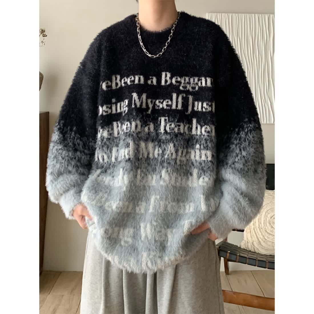 美式設計感漸變字母毛衣男女日系潮牌軟糯慵懶風寬鬆高級感針織衫