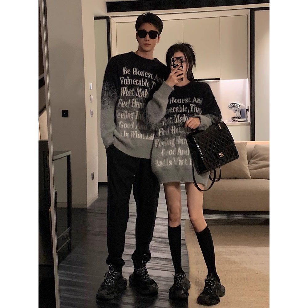 美式oversize設計感漸變毛衣女2023秋冬慵懶風寬鬆軟糯針織衫上衣