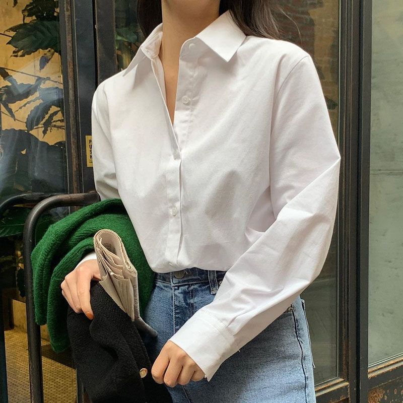 美式復古時尚簡約純色純棉長袖襯衫女韓版小眾潮流大碼寬鬆上衣