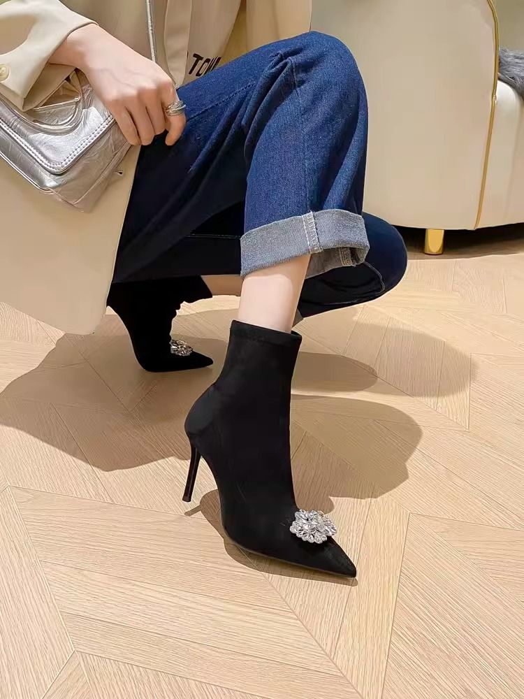  Autumn and Winter New Rhinestone Pointed Toe Stiletto Heel Short Boots Women's Medium Heel Stretch Boots Knitted Slim Sock Boots Single Boots Women