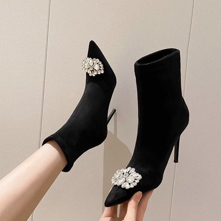 Autumn and winter new French style rhinestone pointed toe stiletto heels 2023 short boots for women slim elastic plus velvet single boots slim boots