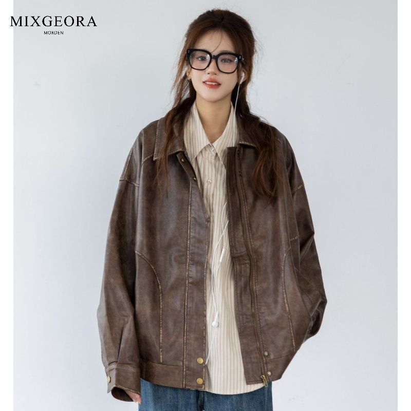 MIX GEORA咖色皮衣外套男女款美式复古小个子宽松短款PU皮夹克潮