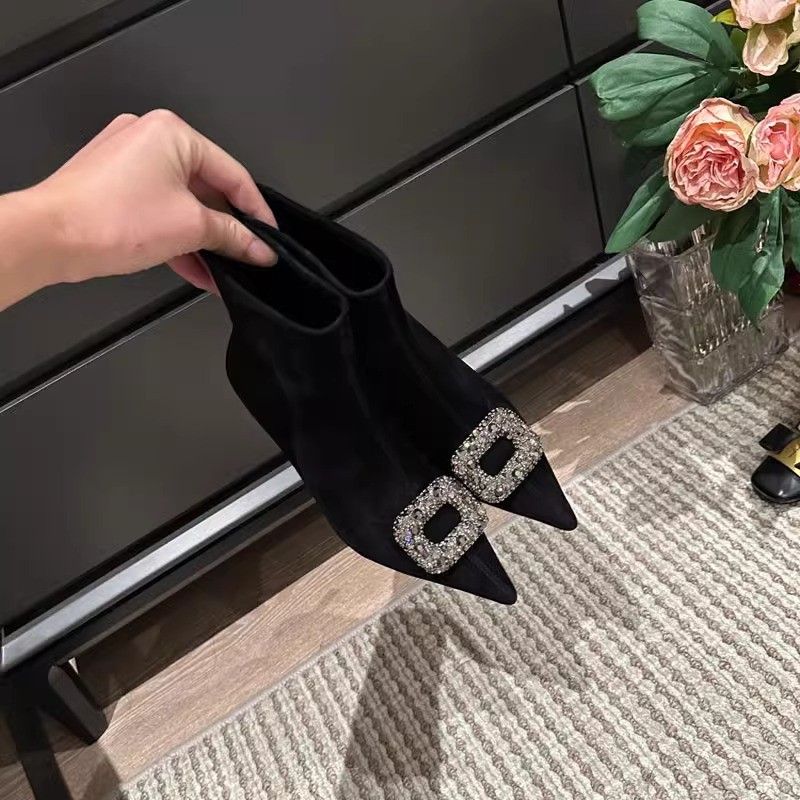 French pointed suede stiletto short boots for women 2023 autumn and winter new style elegant rhinestone square buckle elastic slim socks boots