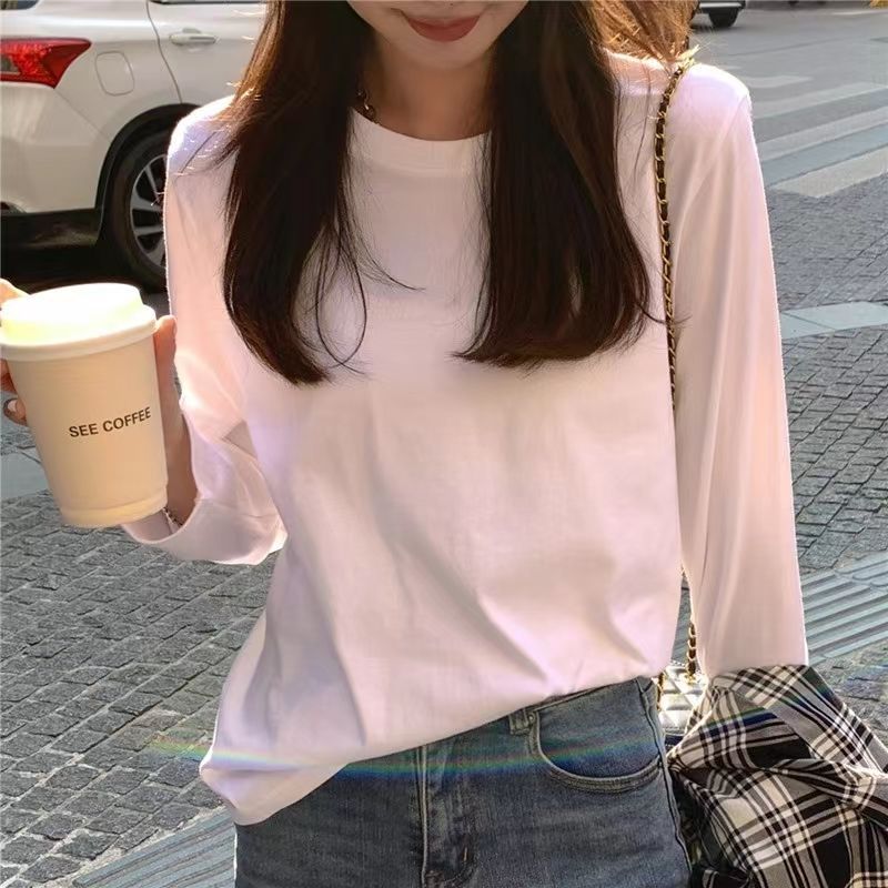 100%純棉白色t恤女長袖圓領寬鬆純棉打底衫韓版2023年早秋上衣薄