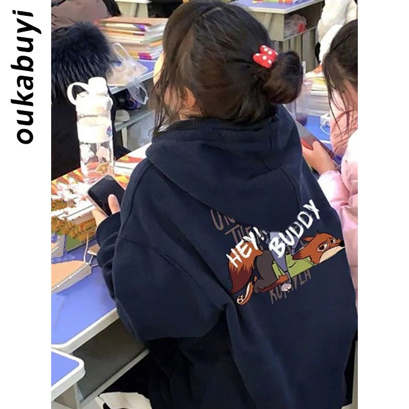 OUKABUYI100%純棉連帽衛衣女秋冬歐美創意美拉德卡通設計寬鬆上衣