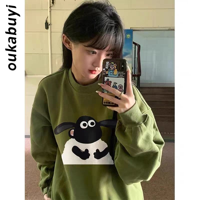 OUKABUYI100%純棉圓領衛衣女秋冬美式復古小羊慵懶風休閒上衣潮