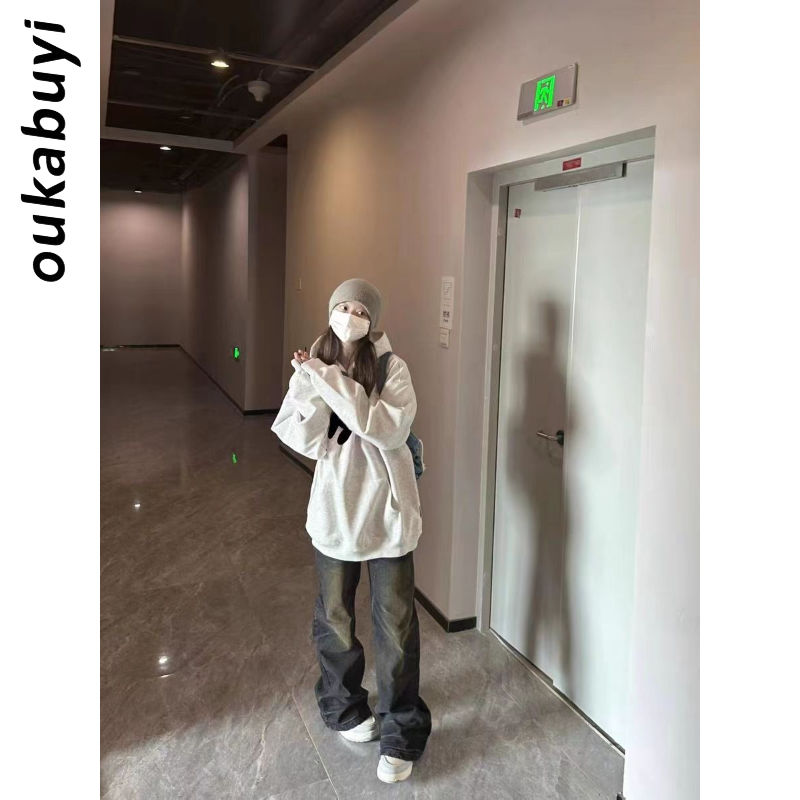 OUKABUYI100%純棉連帽衛衣女秋冬街頭oversize個性小眾寬鬆上衣潮