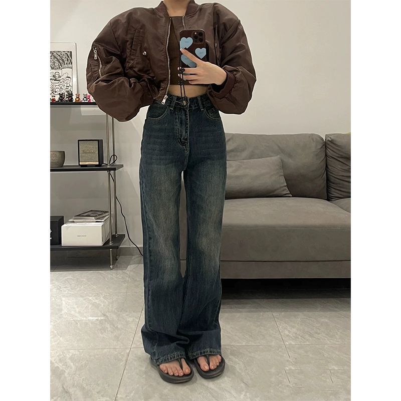 梨型身材復古藍微喇叭牛仔褲女2023新款高腰顯瘦直筒褲寬鬆馬蹄褲