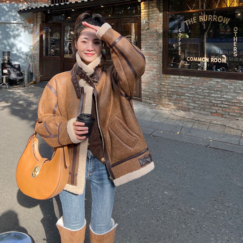 皮毛一體2023秋冬季新款羊羔毛外套羊羔絨麂皮絨機車服夾克美拉德
