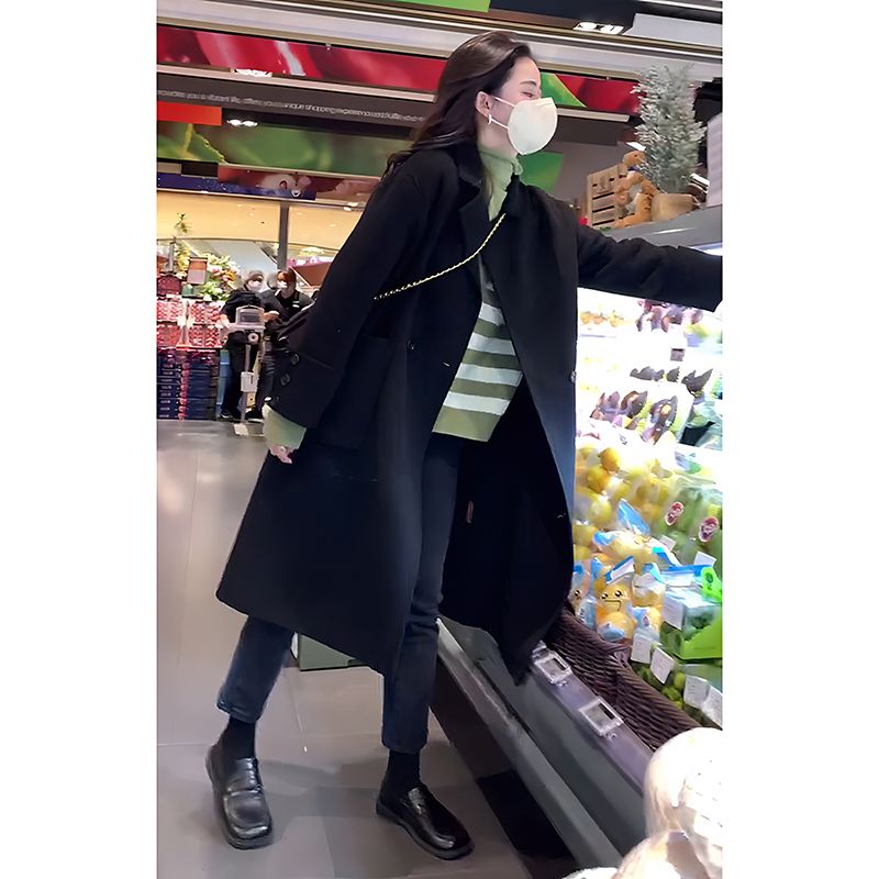 黑色雙面羊絨大衣女中長款2023年秋冬季新款小個子西裝羊毛呢外套