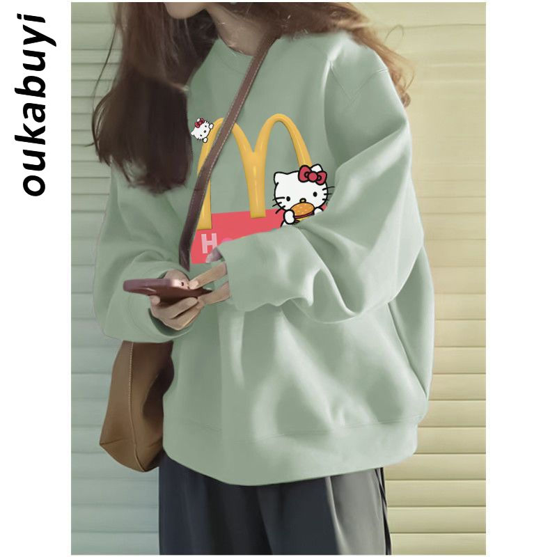 OUKABUYI100%純棉圓領衛衣女淺綠色寬鬆顯瘦美拉德春秋款上衣