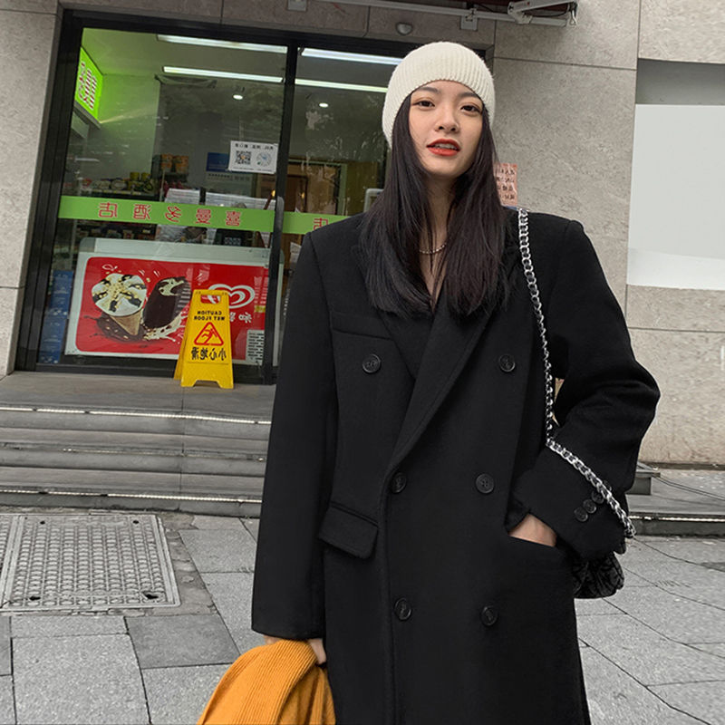 黑色西裝呢子大衣女2023秋冬季新款赫本風小個子加厚正肩毛呢外套