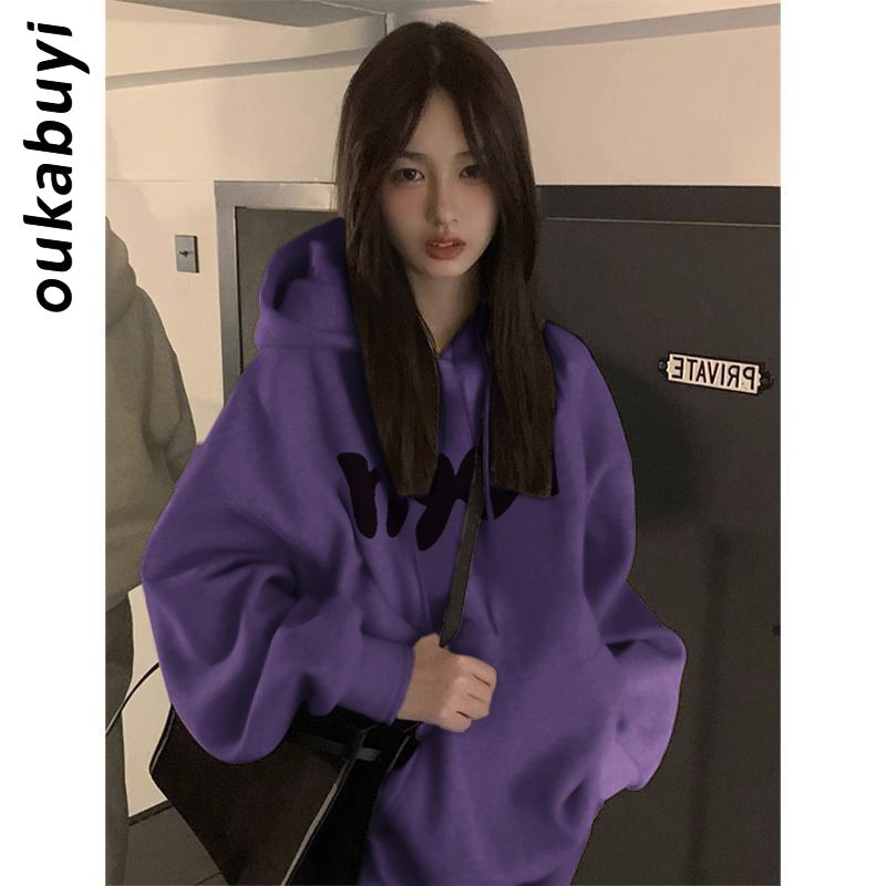 OUKABUYI100%純棉連帽衛衣女小眾正肩美拉德新款百搭寬鬆上衣潮