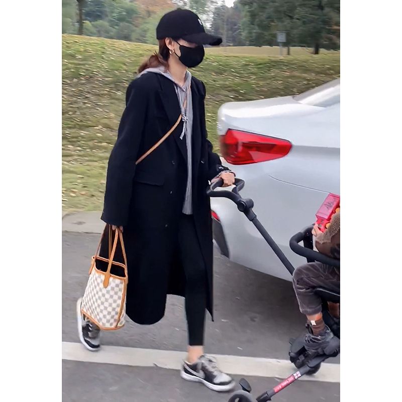 黑色呢子大衣女中長款2023年新款爆款秋冬高級感西裝加厚毛呢外套