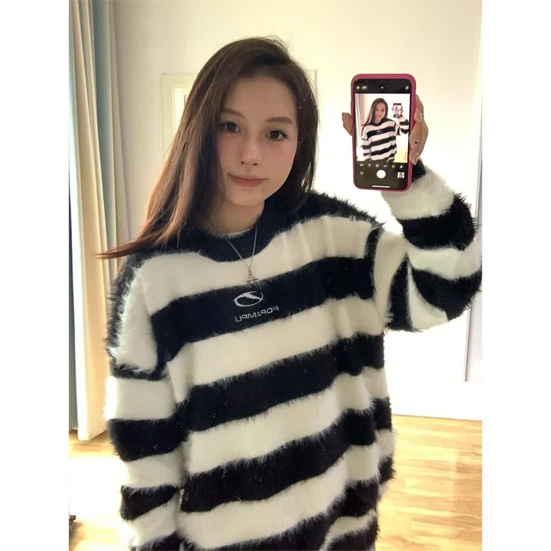 美式高級感黑白條紋毛衣女潮流百搭寬鬆慵懶風長袖加厚針織衫上衣