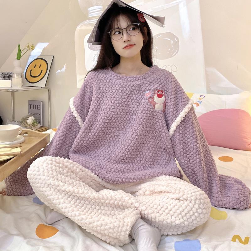 2023年新款睡衣女秋冬季珊瑚絨卡通長袖冬天休閒可外穿家居服套裝