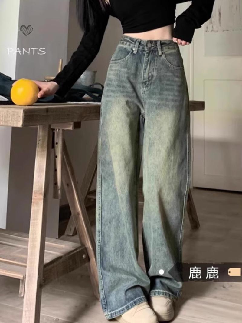 高街做舊牛仔褲女秋冬大碼胖mm高腰顯瘦寬鬆加絨直筒闊腿長褲子潮