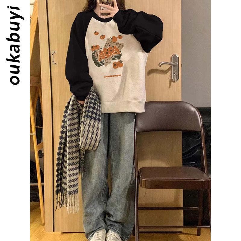 OUKABUYI100%純棉拼接圓領衛衣女秋冬鹽系繪畫風甜美百搭上衣潮