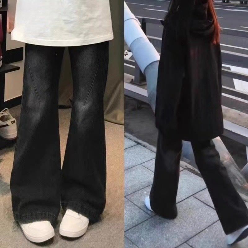 快手網紅同款水洗做舊復古牛仔褲男女直筒寬鬆垂感闊腿休閒長褲子
