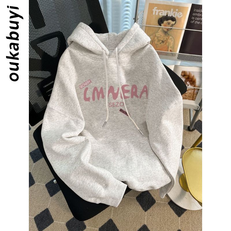 OUKABUYI100%純棉連帽衛衣女秋冬鹽系小清新學生氣質小眾寬鬆上衣