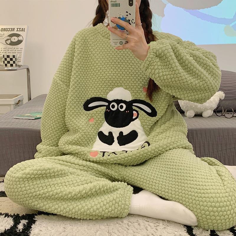 2023新款珊瑚絨睡衣女秋冬季天綿羊加絨加厚大碼法蘭絨家居服套裝