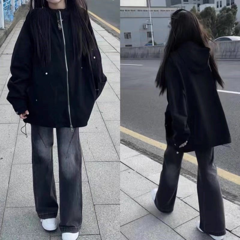 快手同款美式磨白牛仔褲水洗做舊黑灰色長褲男女寬鬆百搭顯瘦褲子
