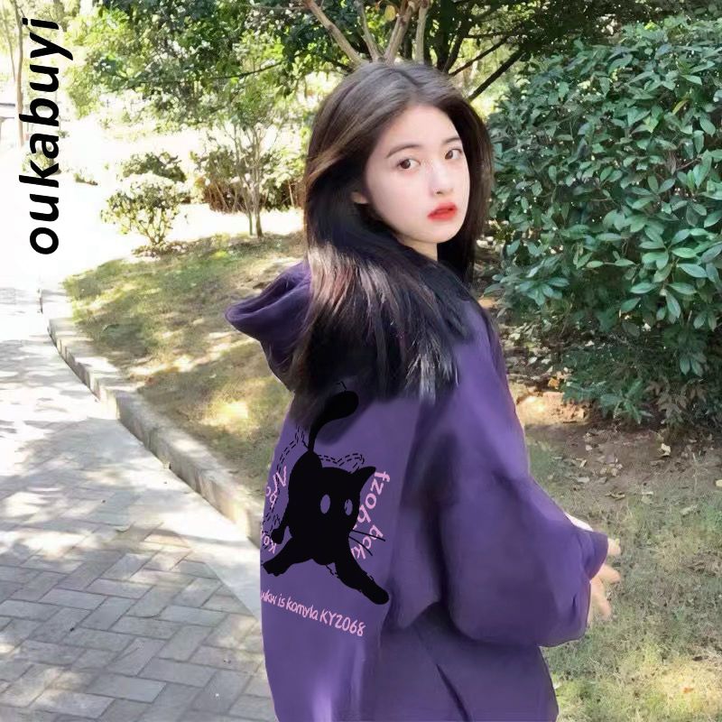 OUKABUYI100%純棉連帽衛衣女秋冬學院多巴胺甜美情侶寬鬆上衣ins