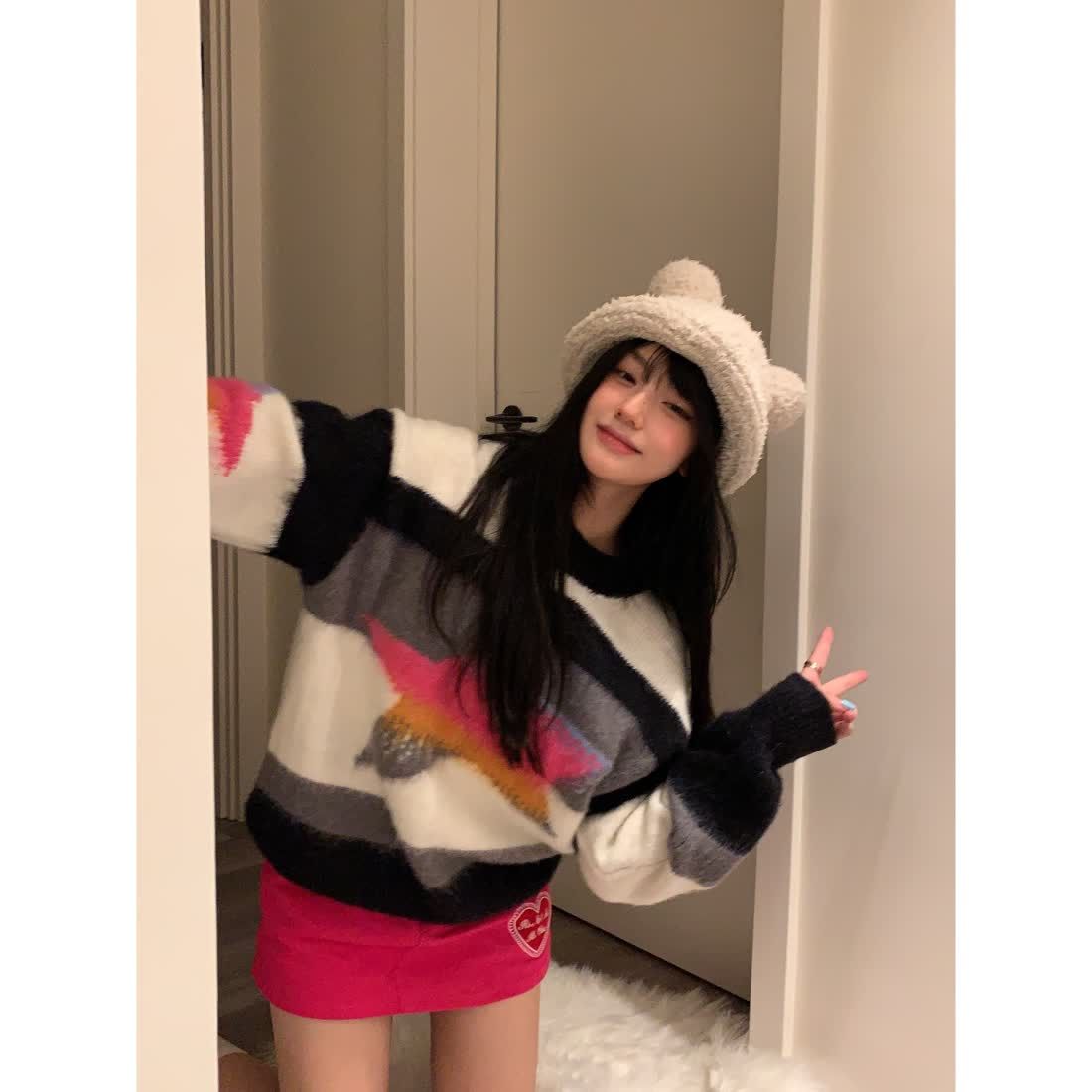 美式vintage撞色條紋彩色星星毛衣女潮流高級感慵懶風軟糯針織衫
