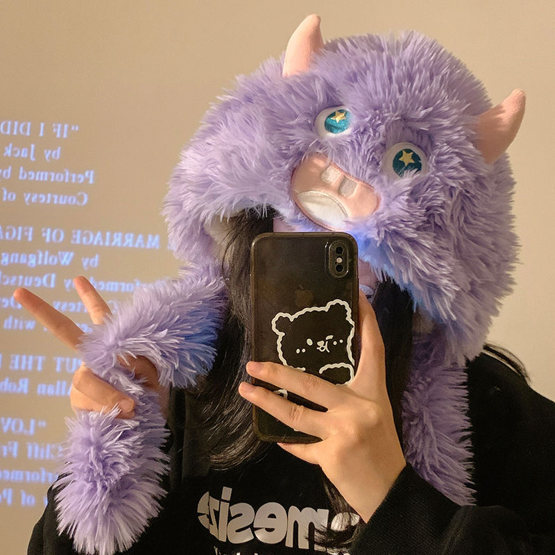 Cute purple little monster plush hat for women in winter, warm plus thick velvet, funny furry ear protection cold hat to protect against cold