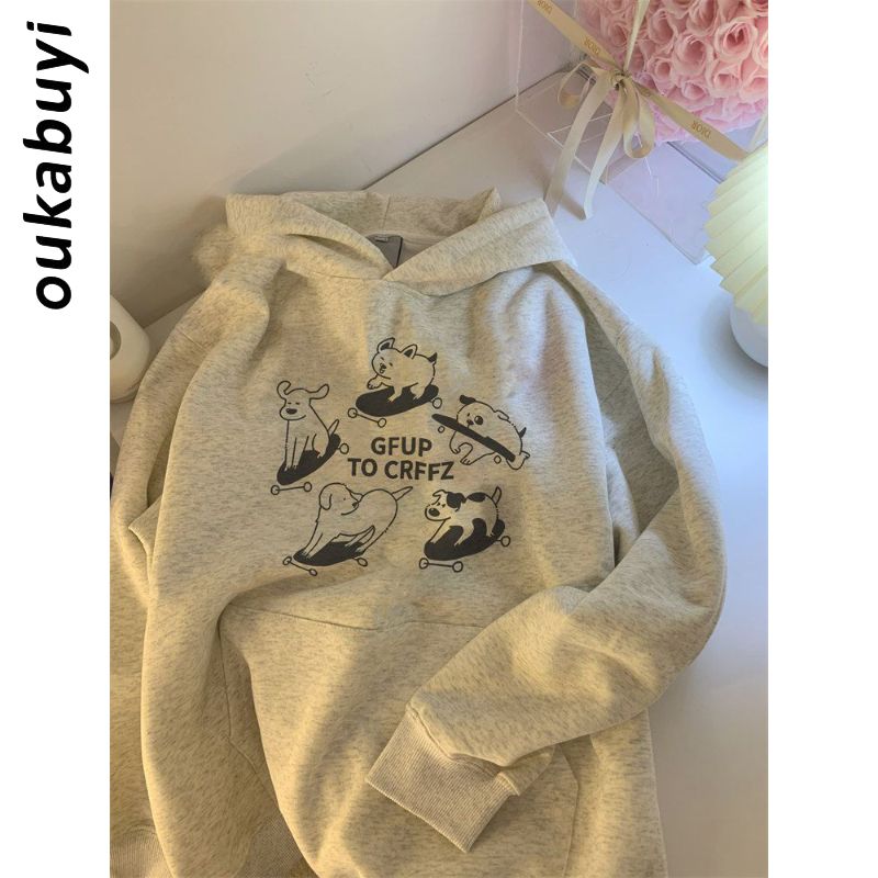 OUKABUYI100%純棉連帽衛衣秋冬季鹽系簡約個性多巴胺潮流寬鬆上衣