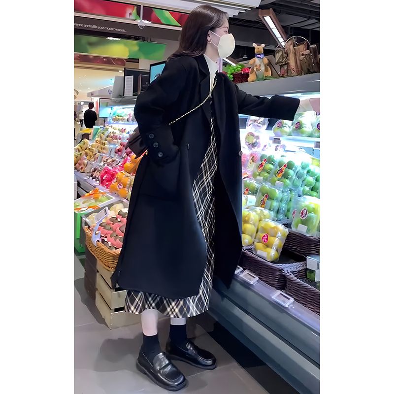 黑色雙面羊絨大衣女中長款2023年秋冬季新款小個子西裝羊毛呢外套