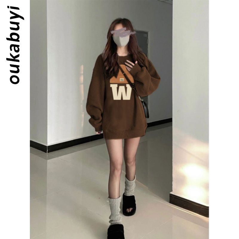OUKABUYI100%純棉圓領衛衣女秋冬美拉德潮流加絨加厚個性寬鬆上衣