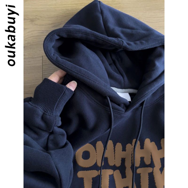 OUKABUYI100%純棉連帽衛衣女藏青色不起球春秋薄款多巴胺上衣潮
