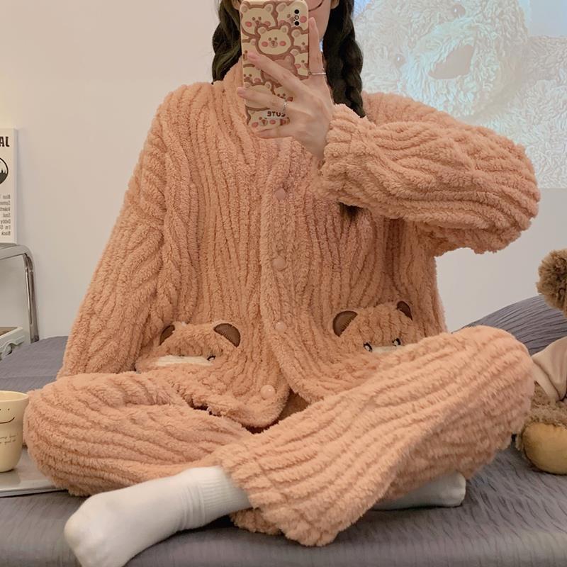 珊瑚絨睡衣女秋冬季長袖2023年新款法蘭絨加厚加絨可愛小熊家居服