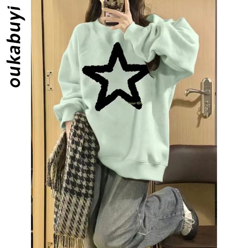 OUKABUYI100%純棉圓領衛衣女秋冬薄荷清新vibe風遮肉寬鬆上衣潮