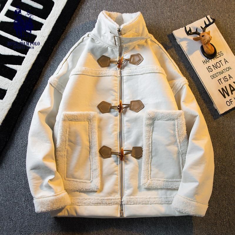 Paul trendy new Chinese style disc buckle lambswool jacket for men spliced ​​pu leather windproof cotton coat stand collar cotton coat for men