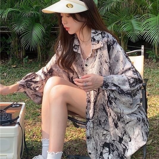 氣質小眾百搭扎染長袖襯衫女時尚休閒大碼胖MM內搭寬鬆顯瘦上衣女