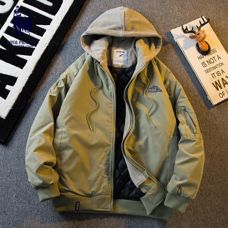 Paul trendy brand American retro bomber jacket winter cotton jacket men's hooded fake two-piece thickened cotton jacket