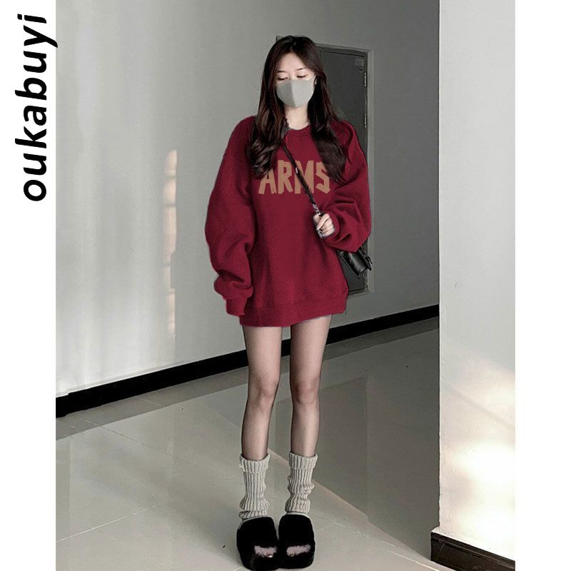 OUKABUYI100%純棉圓領衛衣女秋冬美式復古簡約風寬鬆百搭上衣潮